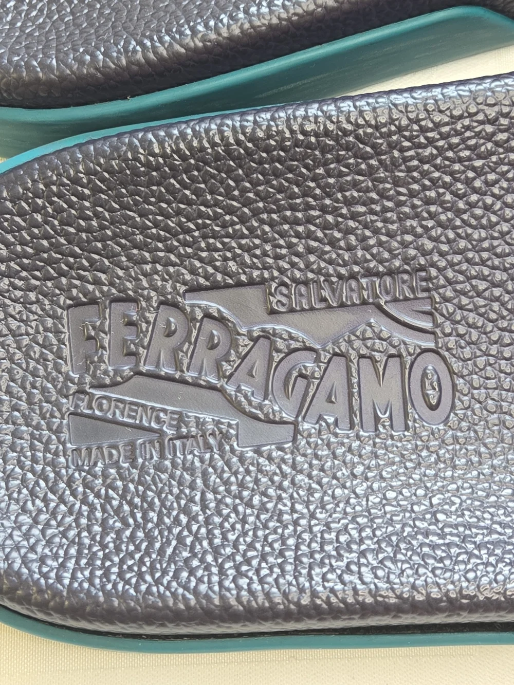 Salvatore Ferragamo Amos Logo Rubber Slide Sandals Purple Teal Men's Size 12